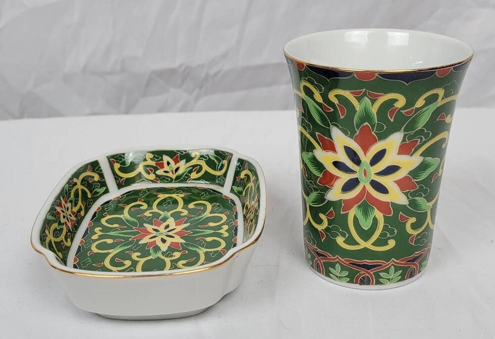 Kashmir Takahashi San Franscisco 1981 Hand Decorated Rectangular Bowl and Cup